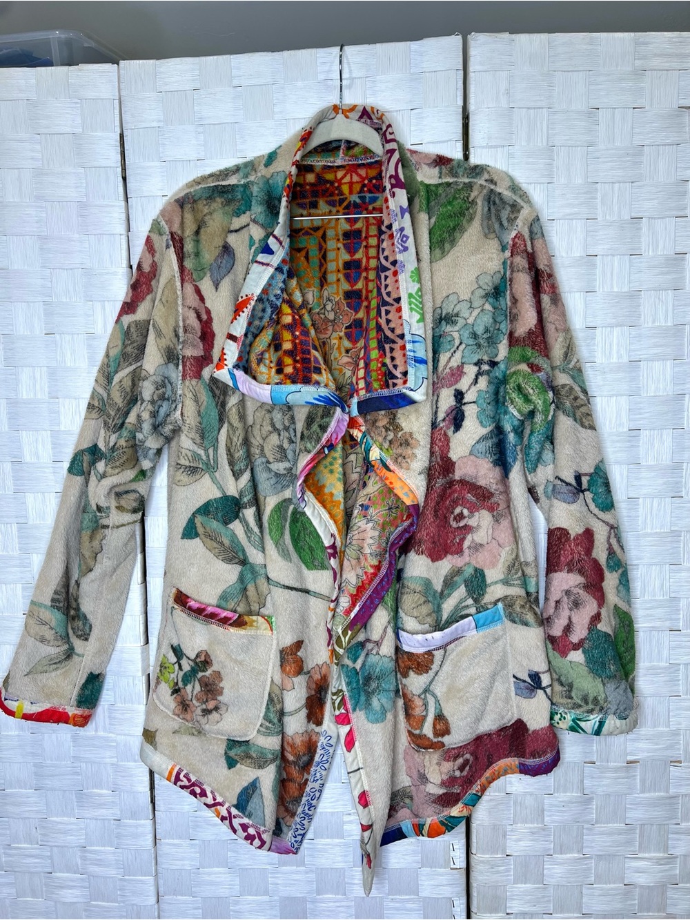 Johnny Was BIYA Reversible Sherpa Jacket Floral Patchwork Wrap Coat Size L